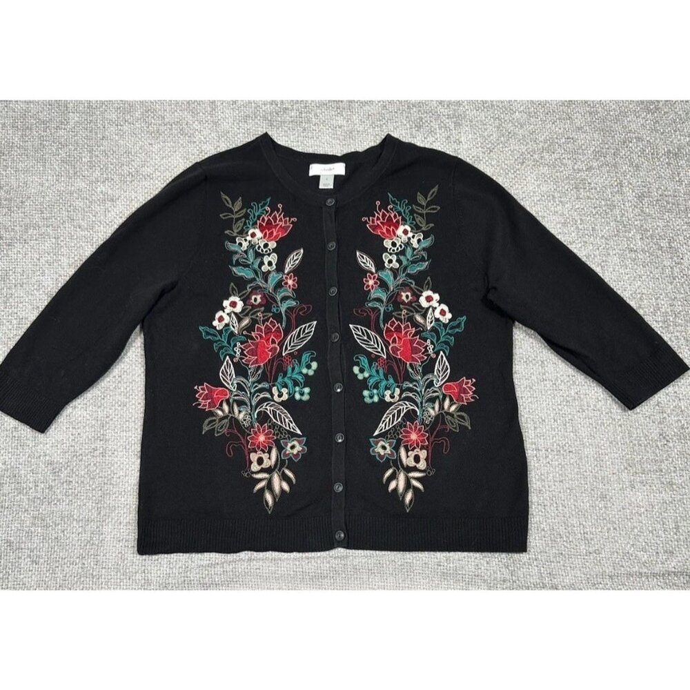 CJ Banks Sweater Womens X Black Cardigan Embroidered Floral 3/4 Sleeve
